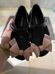 Mini Melissa Black Mary Jane Jelly Flats with Beige Bow, Round Toe