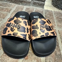 P448 Leopard black sandals Slides Size 4 Black logo flats Animal Print #35