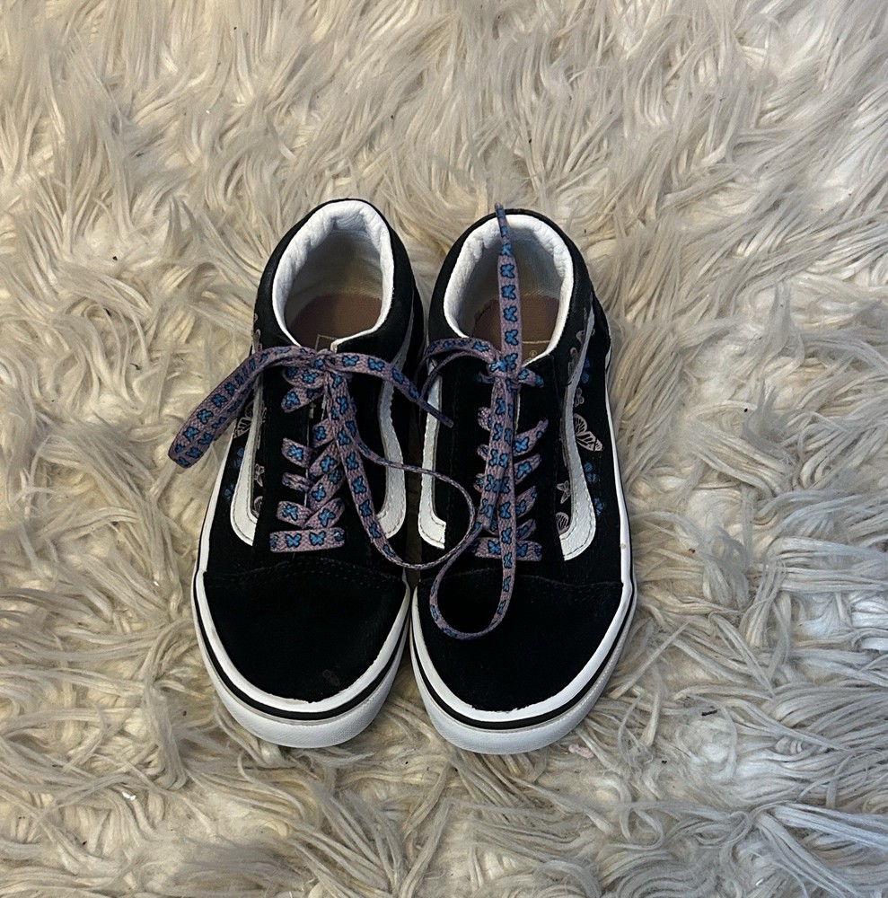 Kids Black and White Vans with purple and blue butterflies size 13.5