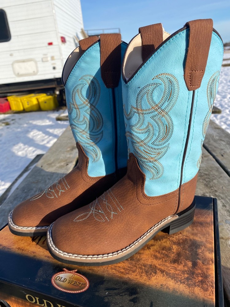 Child 11 brown leather square toe Old West cowboy boots w/turquoise shaft