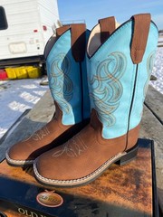 Child 13 brown leather square toe Old West cowboy boots w/turquoise shaft