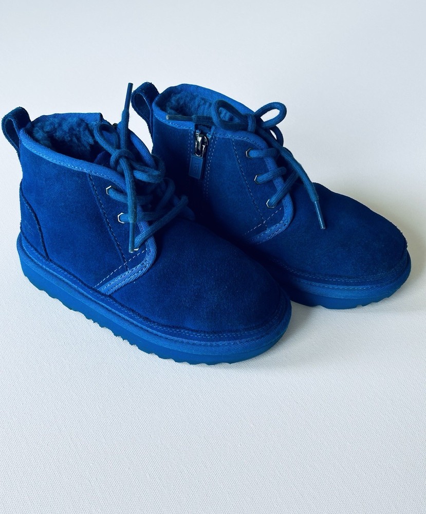 UGG Blue Suede Chukka Boots Unisex Kids Lace Up Zipper Lined Logo Accent Size 12