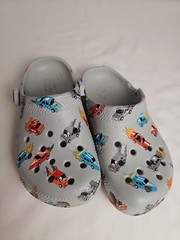 Crocs Kids Classic Clogs Size 10 Gray Race Car Print Straps Missing