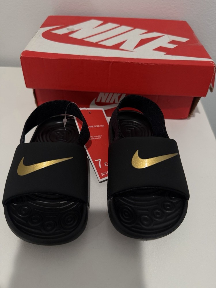 Nike Kawa Slide (TD) Black/Gold Logo Slide Sandals Unisex Kids Size 7C