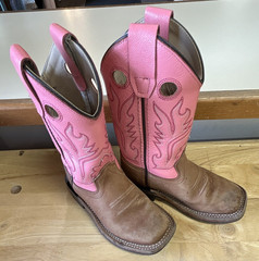 Old West Unisex Kids Leather Pull-On Western Boots Pink/Brown Mid-Calf 10