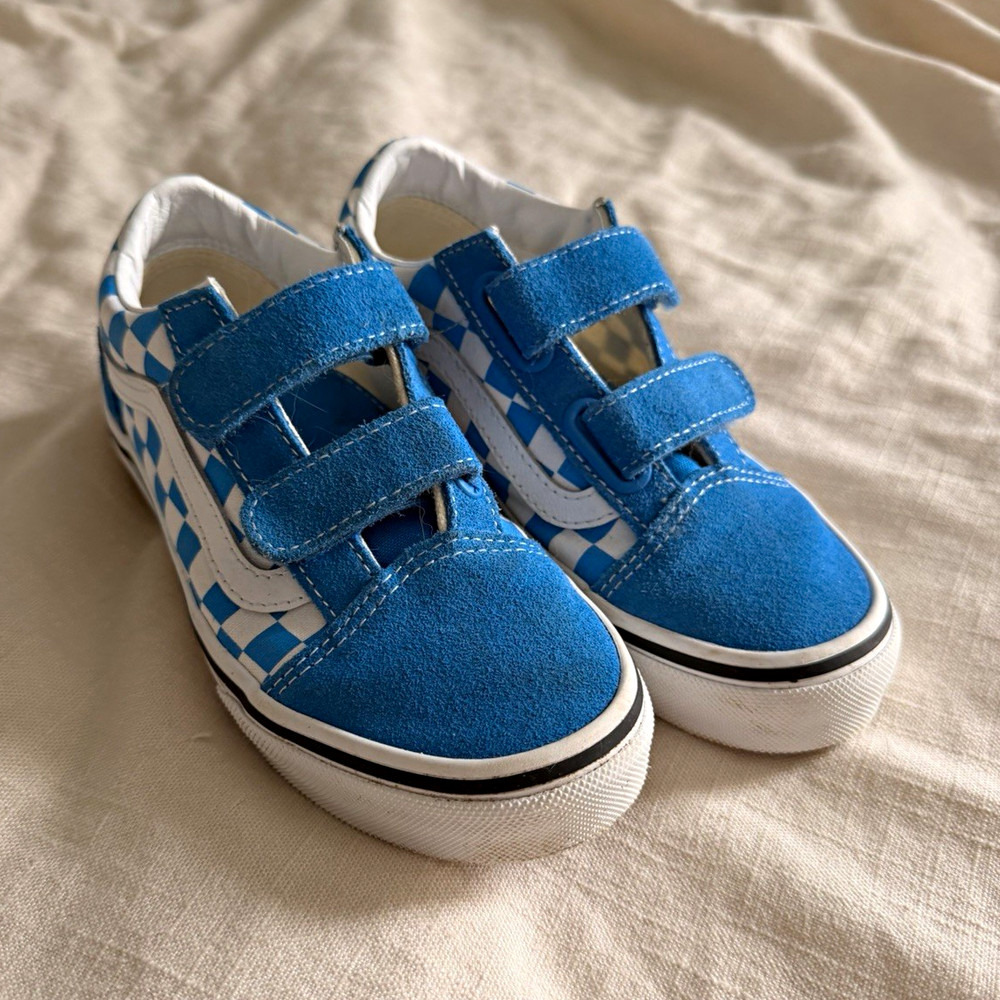 VANS Unisex Kids 13.5 Blue/White Checkerboard Suede Hook & Loop Sneakers