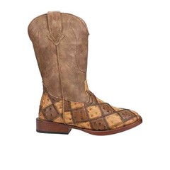 Roper Bird Blocks Ostrich Square Toe Cowboy Youth Boys Brown Casual Boots 09-11