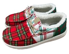 Hey Dude Wally Tri Tartan Plaid Red White Green Kids Size J2 Holiday Christmas