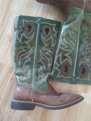 Twisted X Leather Brown/Green Tall Leather Sq Toe Boots YBK0005 Youth 3.5
