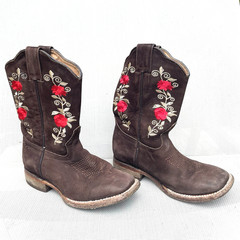 Jar Boots Square Toe Western Cowboy Brown Leather Girls 10 Mexico Red Flowers