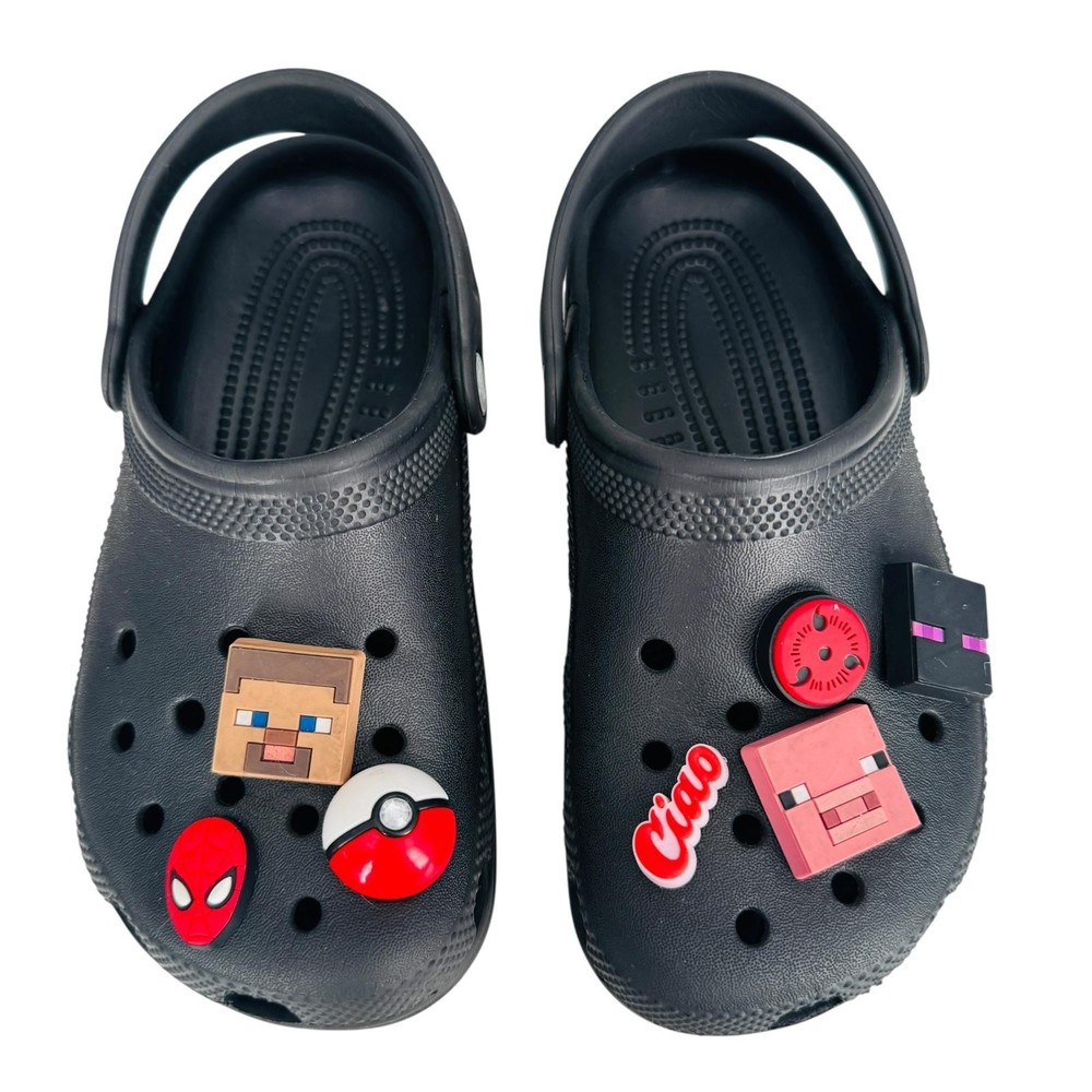 Crocs Classic Clog Shoes Kids Size 2 Black Jibbitz Minecraft Pokemon Spider-Man