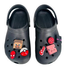 Crocs Classic Clog Shoes Kids Size 2 Black Jibbitz Minecraft Pokemon Spider-Man
