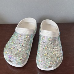 White Glitter Beaded Slip-On Clog Shoes US Size 10+ Rubber Unisex Adults Casual