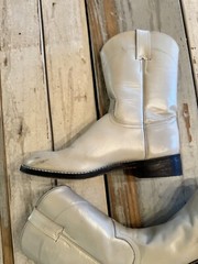 JUSTIN LEATHER COWBOY BOOTS JUNIOR SIZE 4 D, LIGHT PEARL COLOR #3713Y EUC