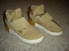 Adidas Tubular Invader Strap youth 4 Ortholite athletic shoes kids tan suede