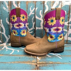 Roper Daisies Leather Boots Handcrafted Tan/Pink/Blue Youth Kids Size 2