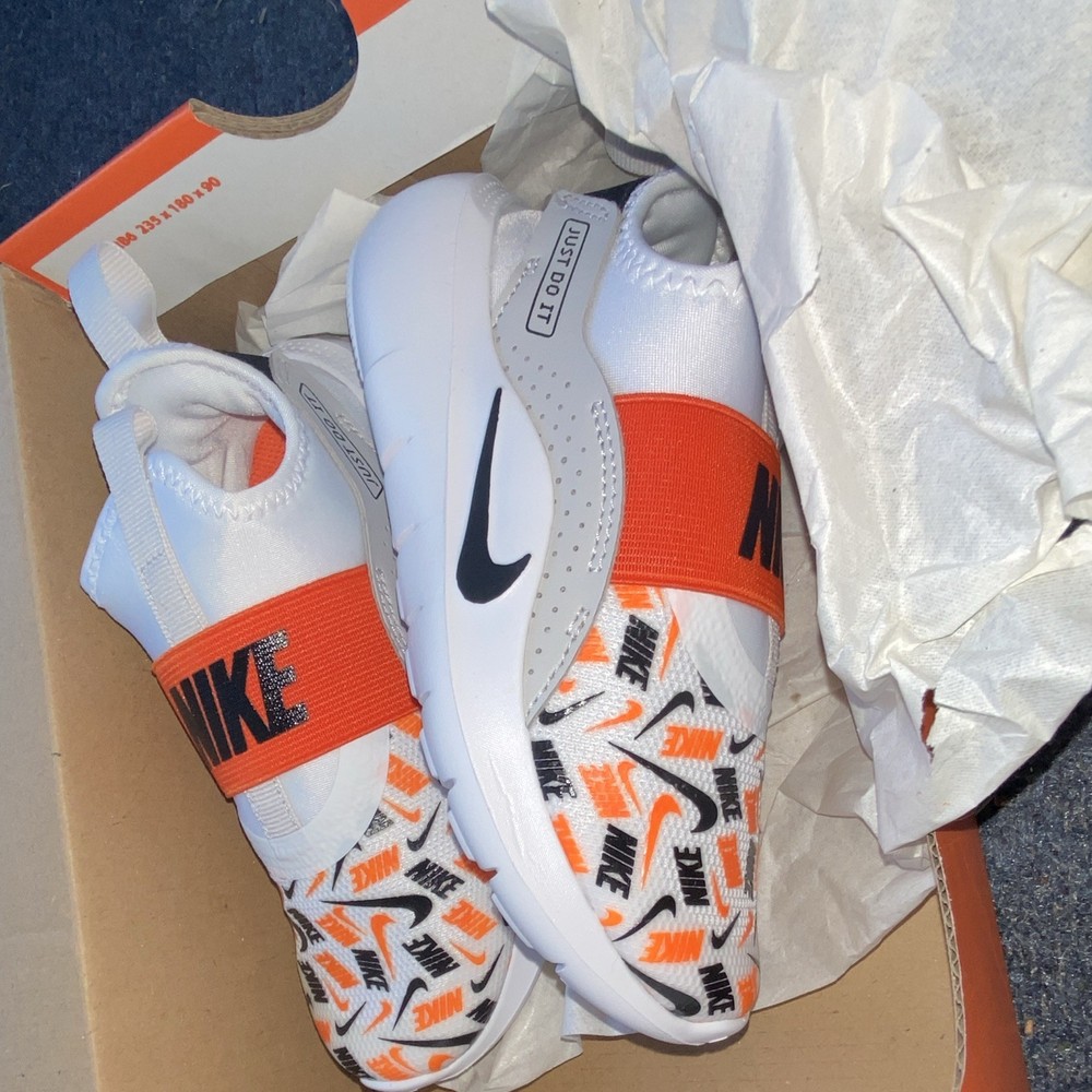 Nike Flex Runner 4 AOP (PS) White Orange Black Athletic Sneaker Kids Size 11.5