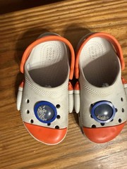 Crocs Kids Classic Rocket Ship Space Clog Gray/Orange Moving Stars Size c10