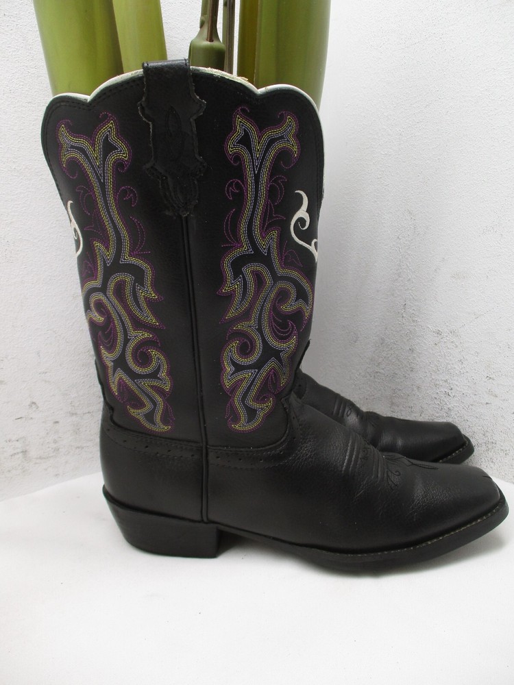 Justin Black Leather Square Toe Pull On Boots Kids Youth Style 2554 JR Sz 5.5 D