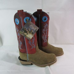 Old West Youth Kid’s Square Toe Suede Western Boots Camel/Red 8206