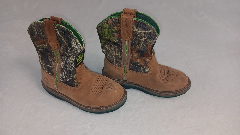 John Deere Unisex Kids Brown Camo Leather Western Ankle Boots Sz 12.5 Pull-On
