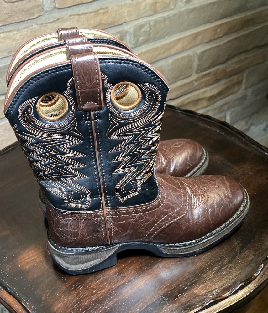 Durango Youth Sz 2 M Black Brown Leather Buckaroo Stockman Cowboy Western Boots