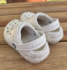 Crocs Classic Glitter Lined Clog Unisex Kids C8 White Slip-On Glitter