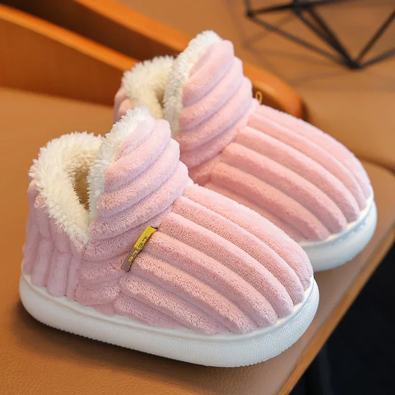New Winter Concise Stripe Plush Slippers Children’s Non-slip Soft Sole Kids Boys