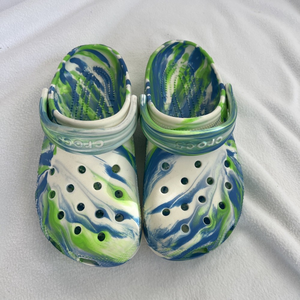 Crocs Glow In The Dark Blue/ Green/ White Marble Slip On Clogs Size J4
