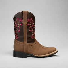 Kids Embroidered Square Toe Cowboy Boots Brown Pink Flowers Leather 6″ 1″ Heel