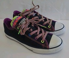 Converse All Star Neon Stitch Rainbow Tongue Black Canvas Sneaker Junior Size 4