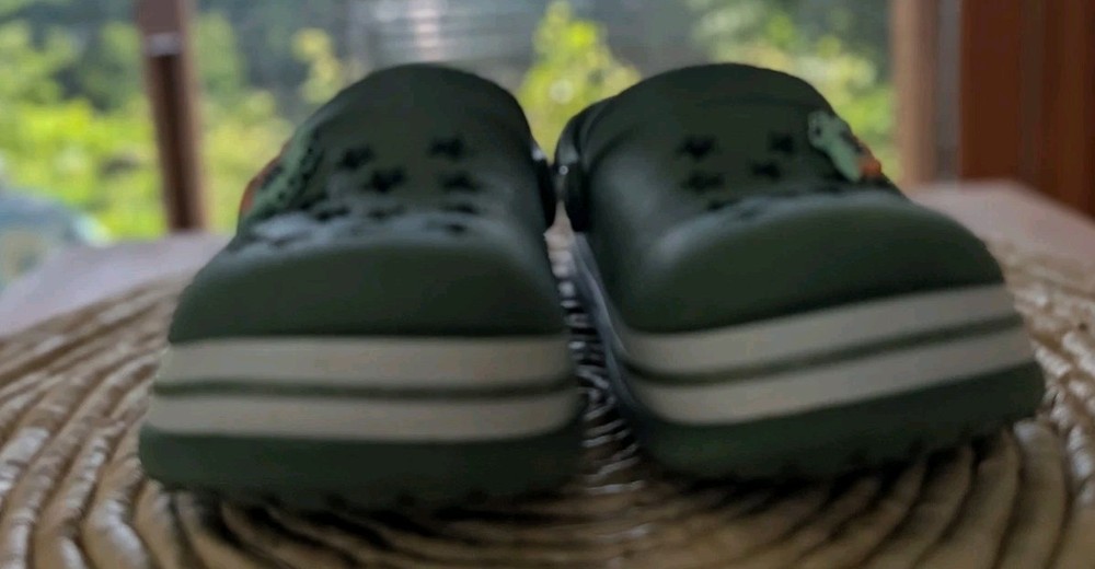 Khaki Slip-On Clogs Solid Round Toe Strap Accent Size 7 Unisex Dinosaur Charm