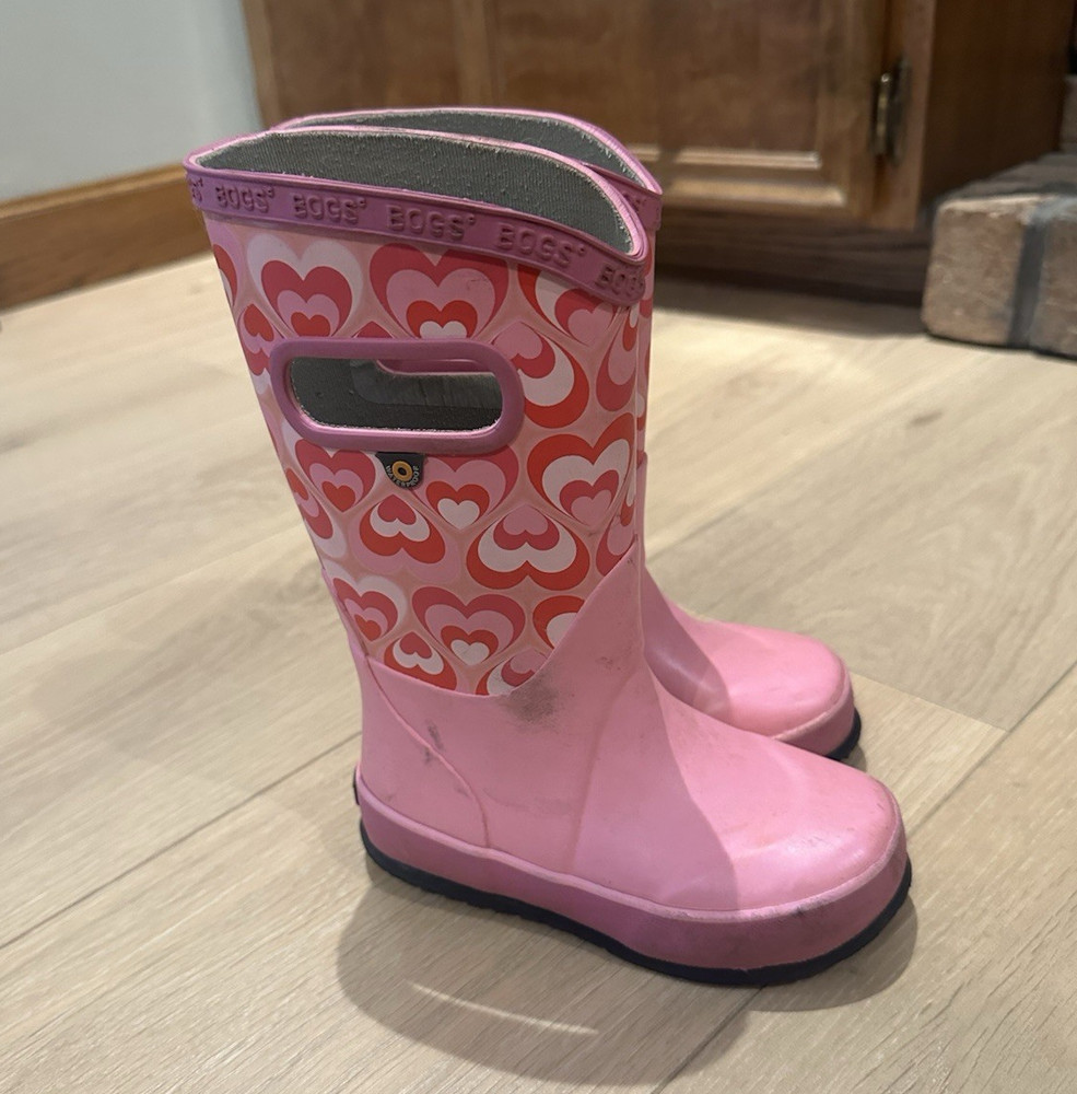 BOGS Kids Pink Heart Print Waterproof Pull-On Knee-High Rain Boots US 9