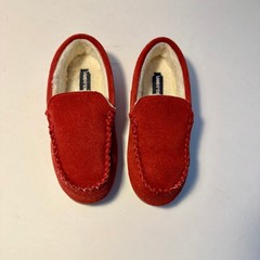 Lands‘ End Kids Red Suede Moccasin Slippers Size 1 Faux Fur Lined Cozy