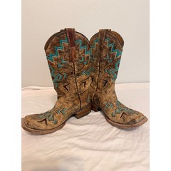 Corral Teens Brown Distressed Leather Turquoise Western Boots E1052 3 1/2 T