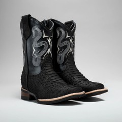 Kids Python Tribute Square Toe Cowboy Boots Black Leather 6″ Shaft 1″ Heel