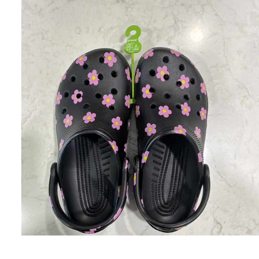 Crocs Classic Flower Clog Black Pink Floral Unisex Kids Sandal US Size 6