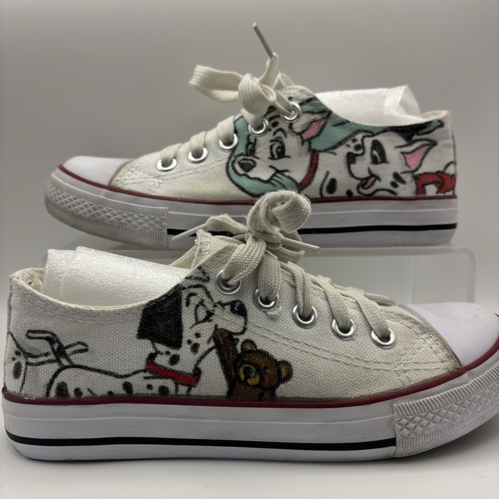 Custom Hand Painted 101 Dalmatians White Canvas Low Top Sneakers Kids Shoes 1Y