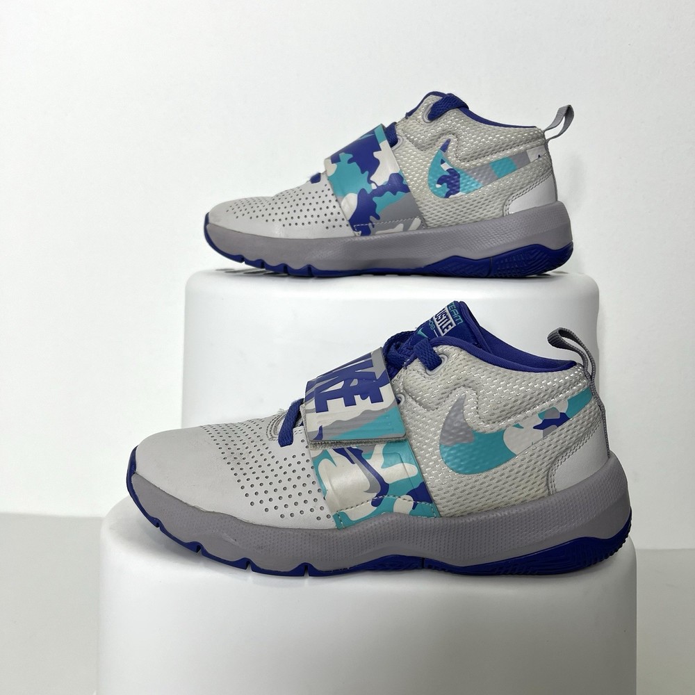 Nike Team Hustle D8 Basketball Shoes, #BQ5103-500, Gray/Blue/Turq, US Youth 4 Y