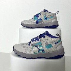 Nike Team Hustle D8 Basketball Shoes, #BQ5103-500, Gray/Blue/Turq, US Youth 4 Y
