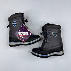 totes Morris Kids Snow Boots US 12 Gray/Black/Blue Lace-Up Faux Fur Lined