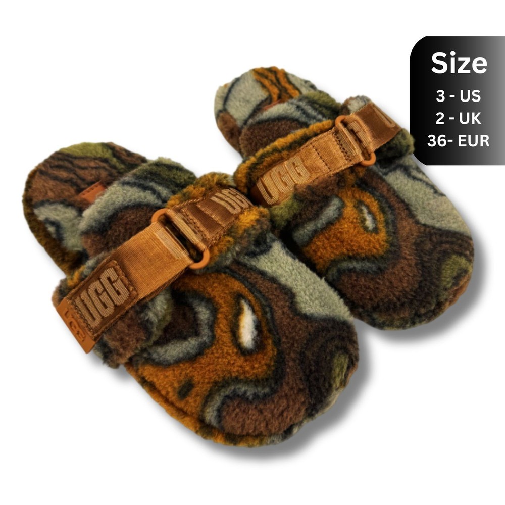 UGG Fluff It Cali Topo Sheepskin Wool Fur Slides Indoor Outdoor Comfort Size 3