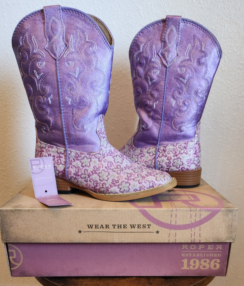 Roper Floral Glitter Square Toe Cowboy Youth Girls Purple Boots-Free Shipping