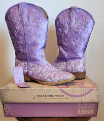 Roper Floral Glitter Square Toe Cowboy Youth Girls Purple Boots-Free Shipping
