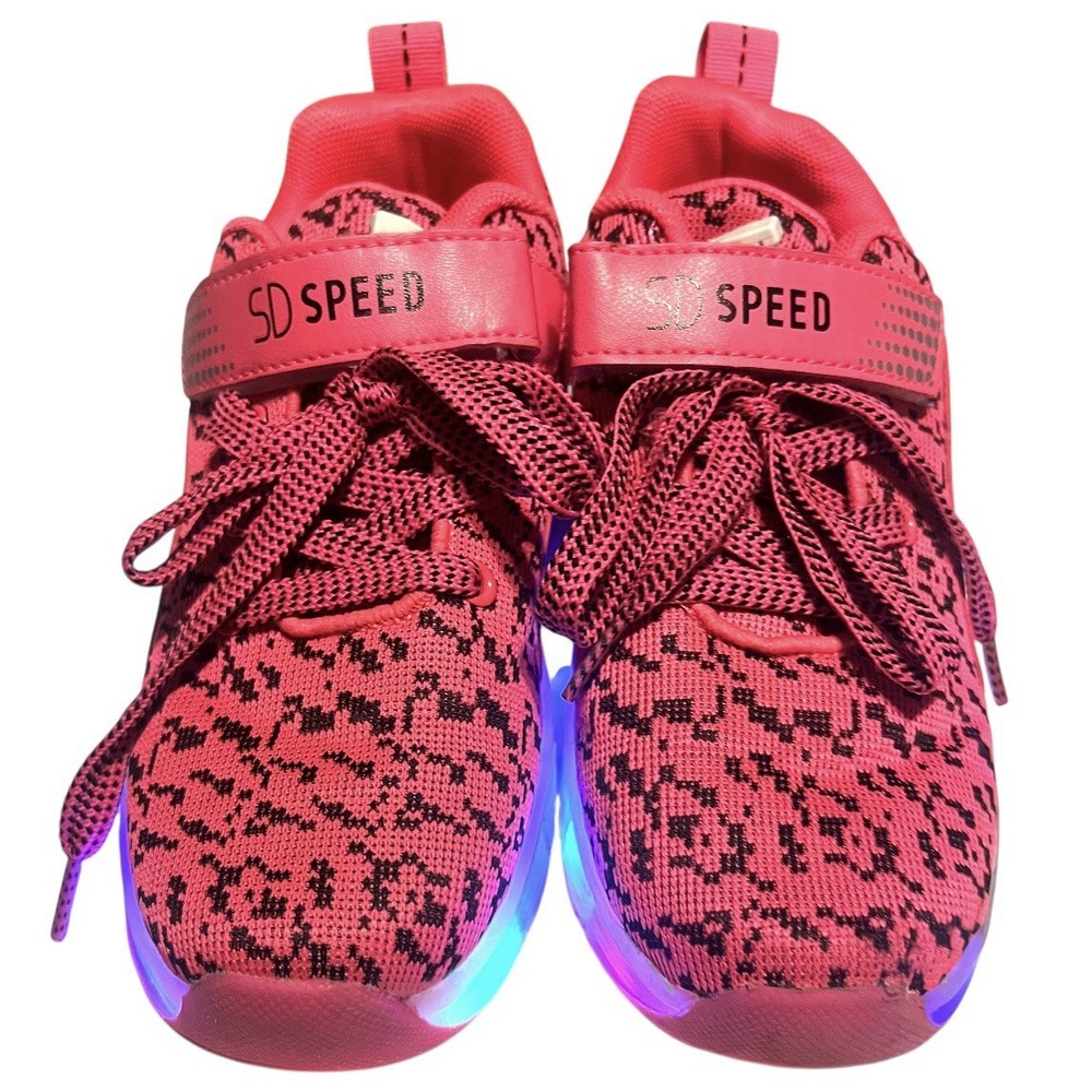 SD Speed Kids Pink Light Up Roller Shoes Sz 4 LED Skater Sneakers Hook And Loop