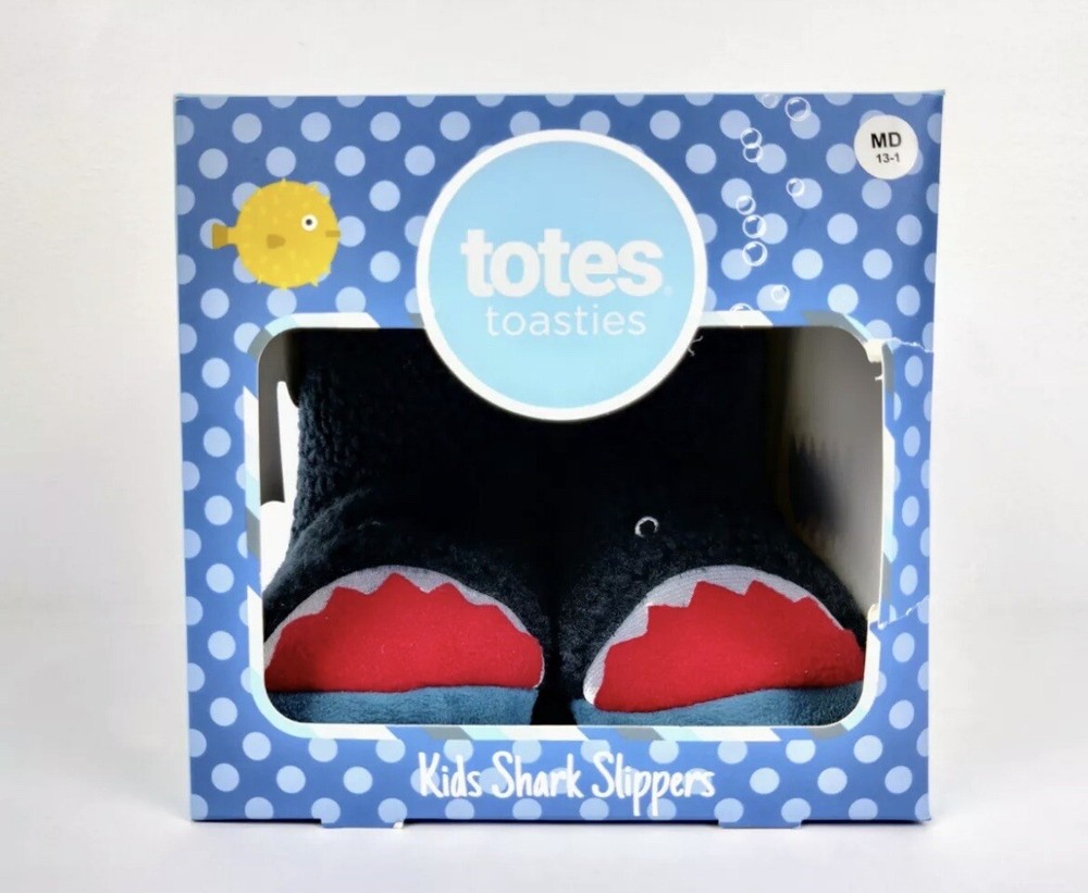 Totes Toasties Kids Shark Slippers Slip On Blue Size Medium 13-1 New