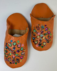 Beautiful Orange Leather Embellished Babouche Slippers Handmade Size 2 8″ length