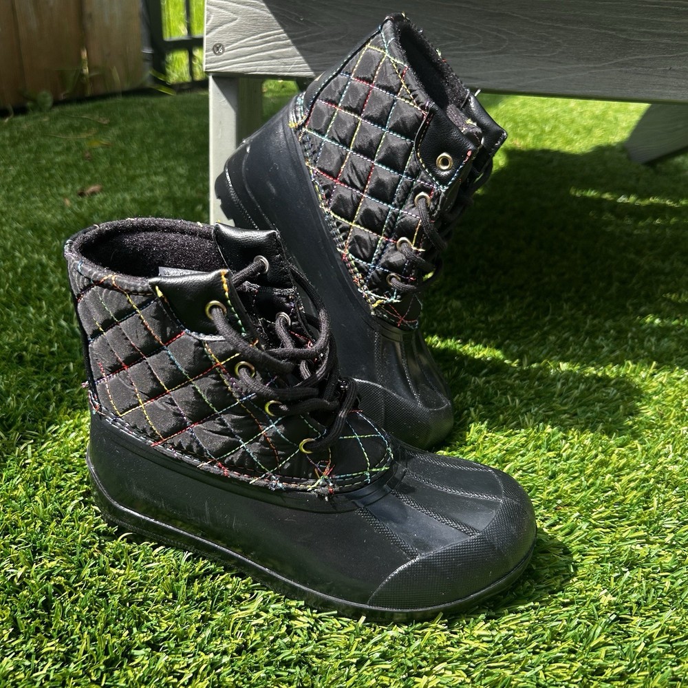 Sperry Port Duck Boots Rainbow Stitching Kids Sz 2 Youth Black Waterproof
