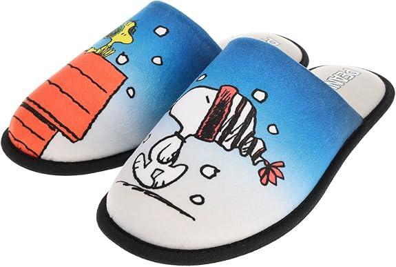 Peanuts Family Slippers, Mismatch Holiday Scuff , Blue Size M 1/2 Big Kids