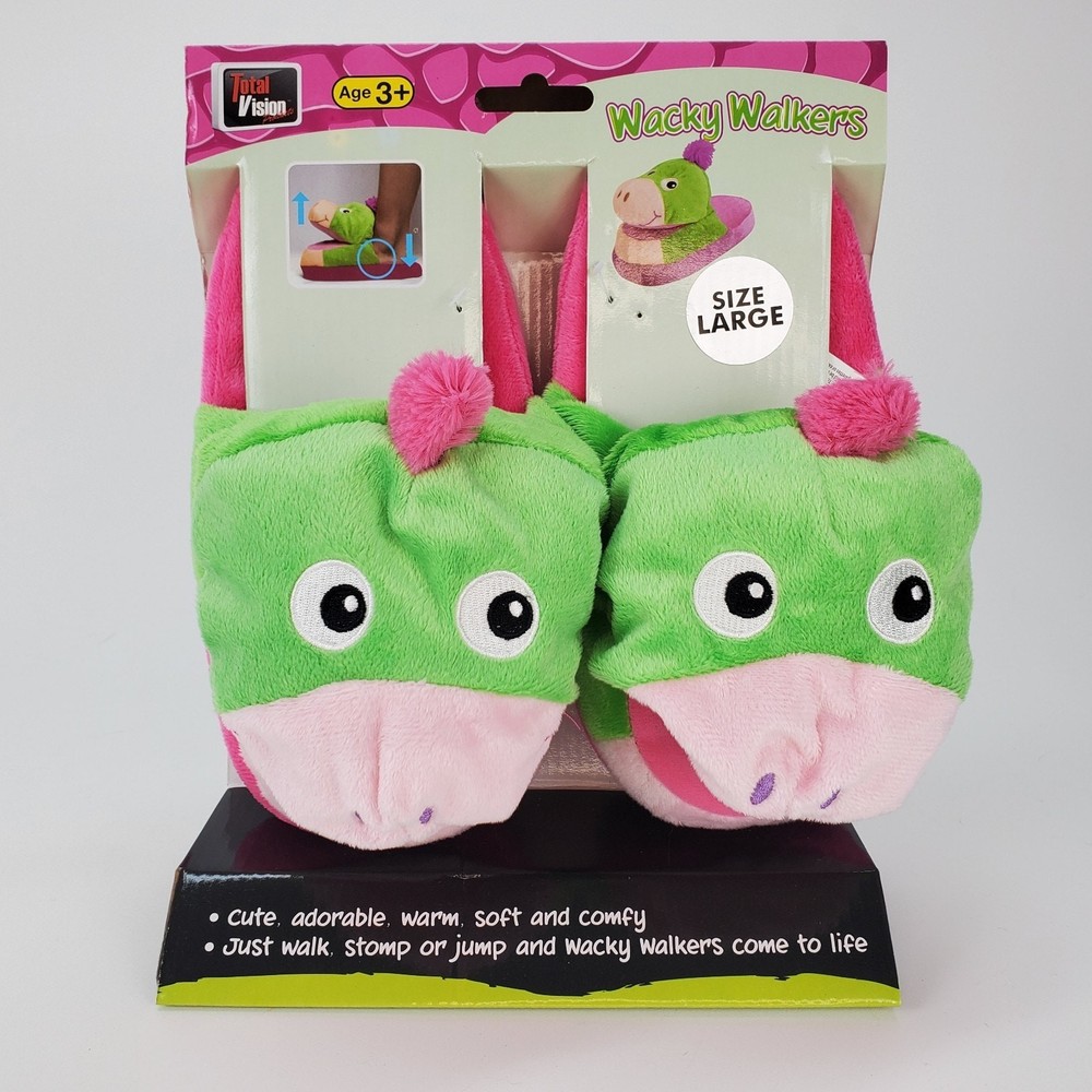 Total Vision Wacky Walkers Dino Plush Animated Slippers Green Pink Kids Sz Large